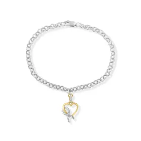 10K Yellow Gold 1/10 Cttw Diamond Awareness Ribbon & Heart Charm on 7" .925 Sterling Silver Rolo Bracelet (H-I Color, I1-I2 Clarity)
