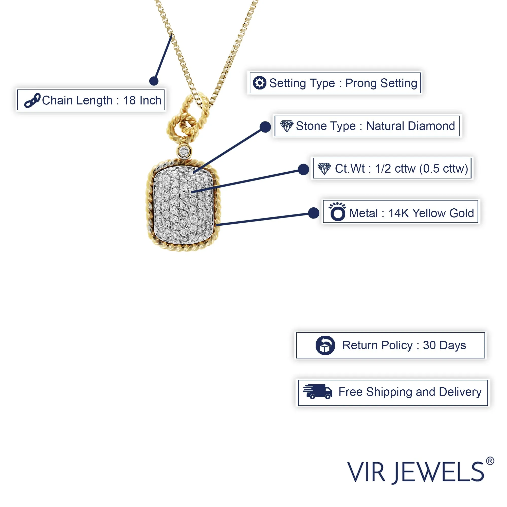 1/2 cttw Emerald Shape Diamond Composite Pendant Necklace 14K Yellow Gold Cable