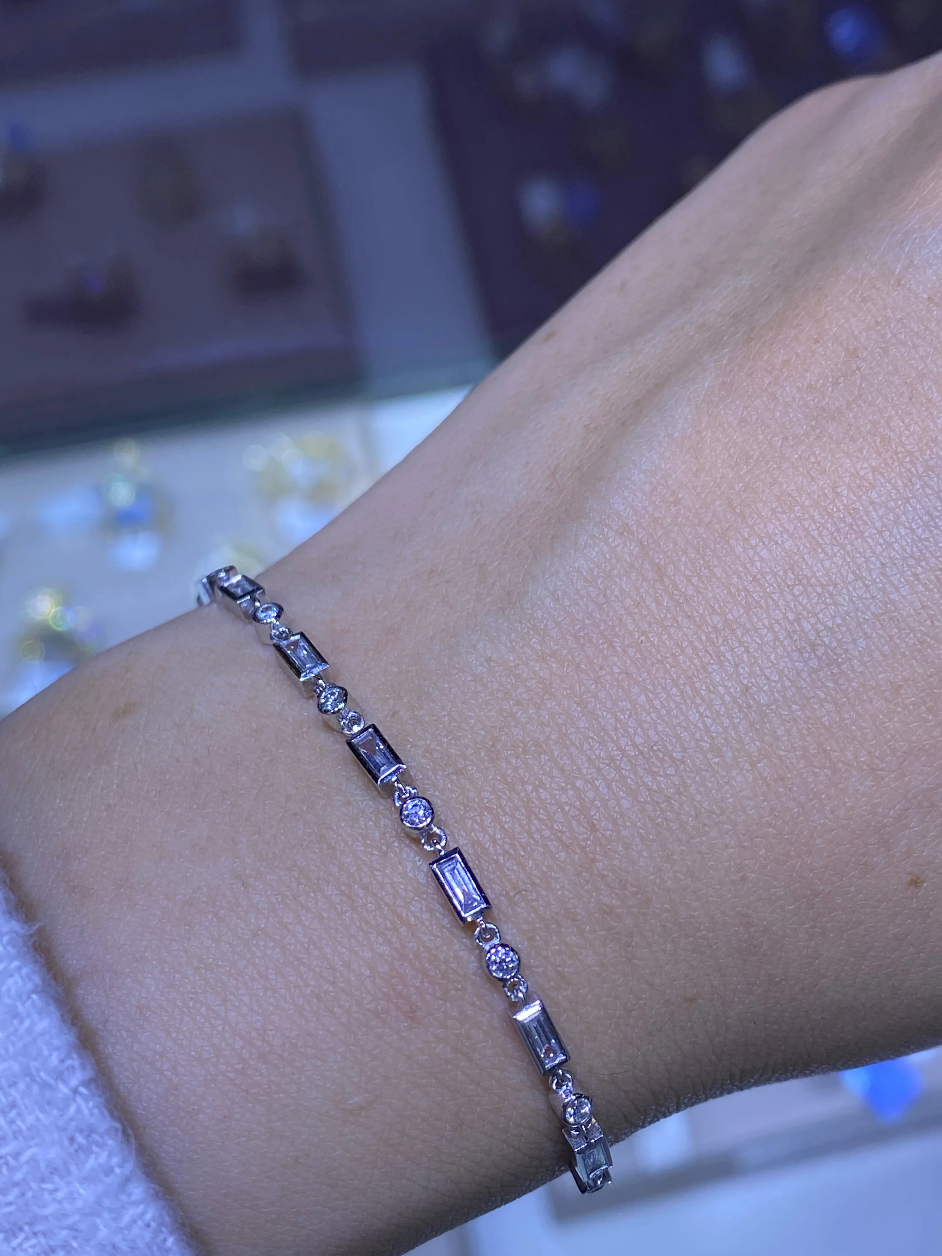 14K Gold Baguette and Round Bezel Set Diamond Bracelet