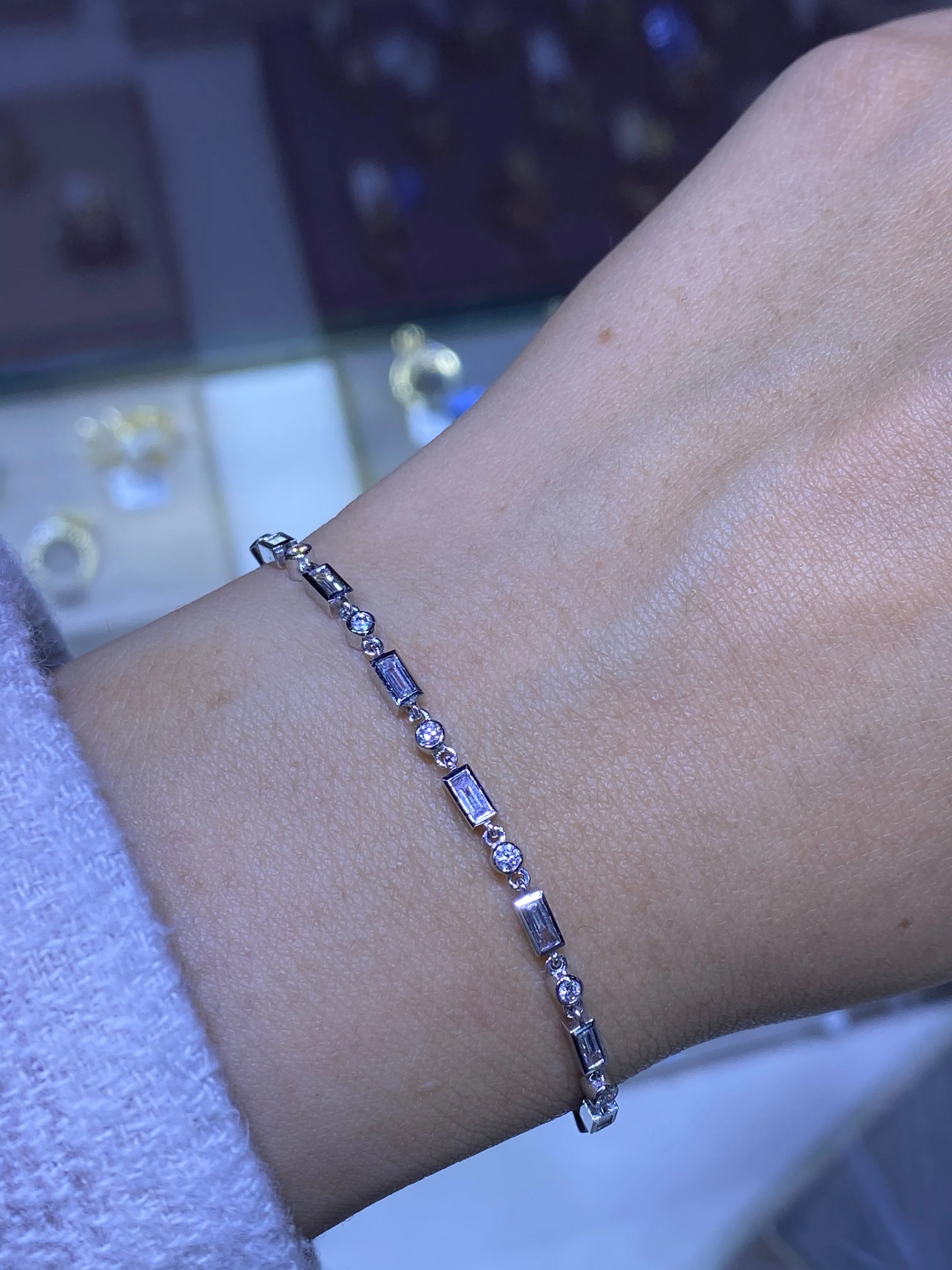 14K Gold Baguette and Round Bezel Set Diamond Bracelet