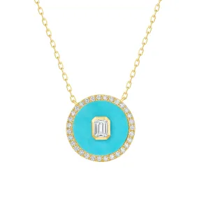 14K Gold Diamond & Turquoise Medallion Necklace