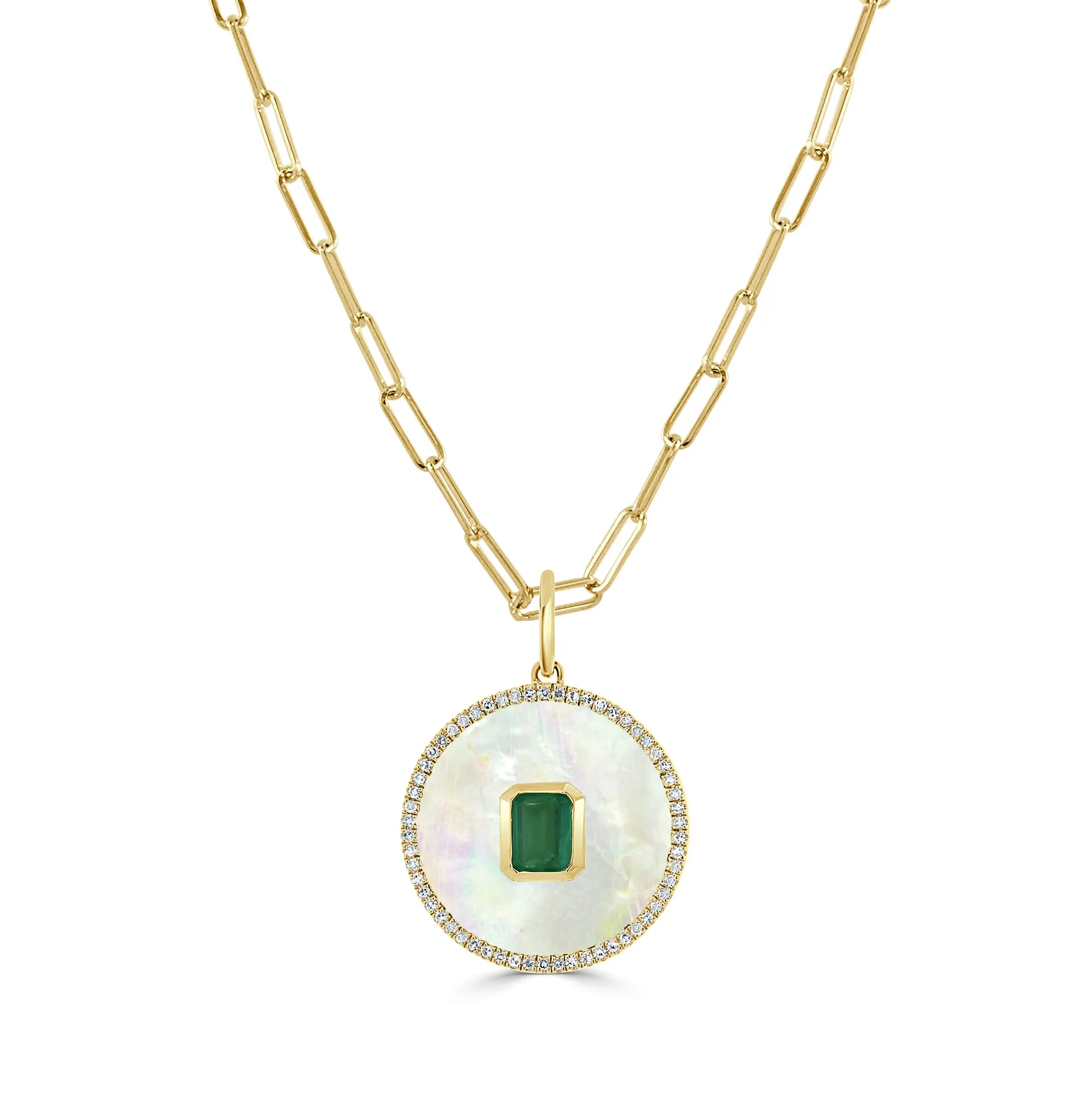 14k Gold Mother of Pearl, Green Emerald & Diamond Circle Charm