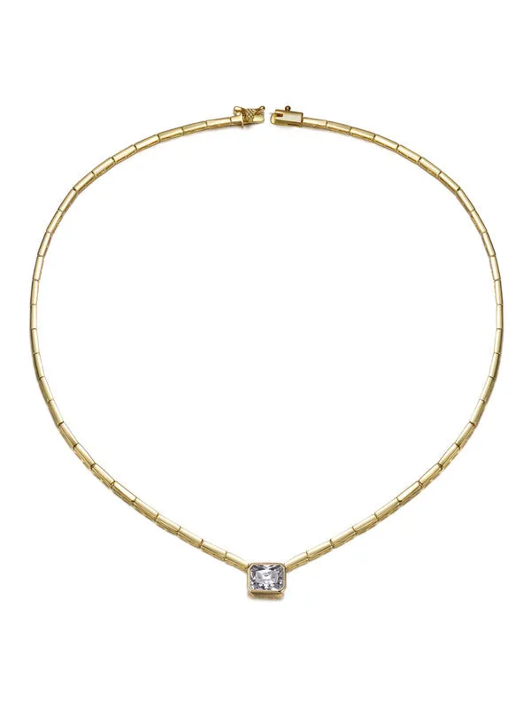 14k Gold Plated with Clear Cubic Zirconia East-West Solitaire Necklace
