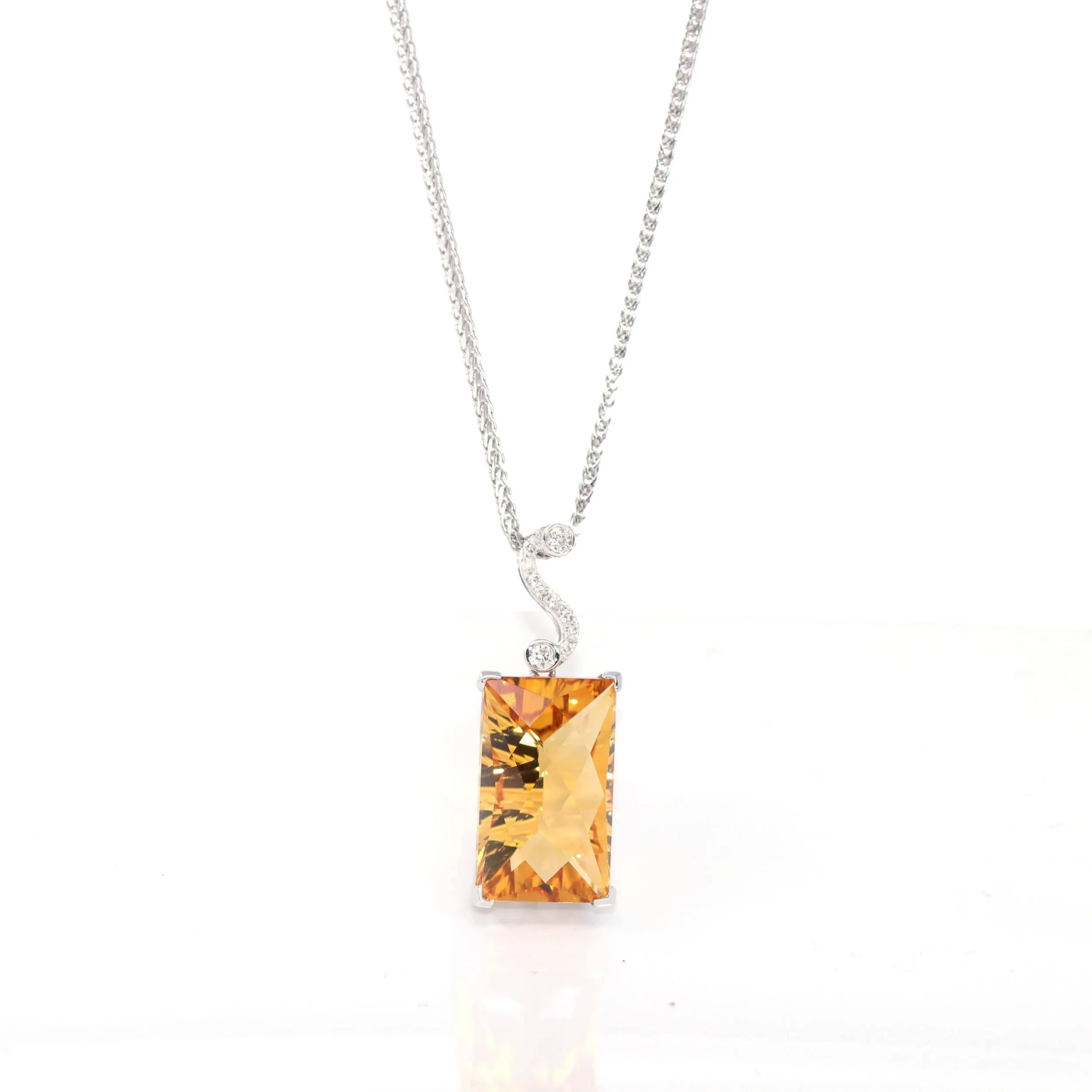 14k White Gold Genuine Citrine & Diamonds Pendant Necklace with Diamond