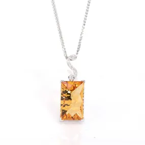 14k White Gold Genuine Citrine & Diamonds Pendant Necklace with Diamond
