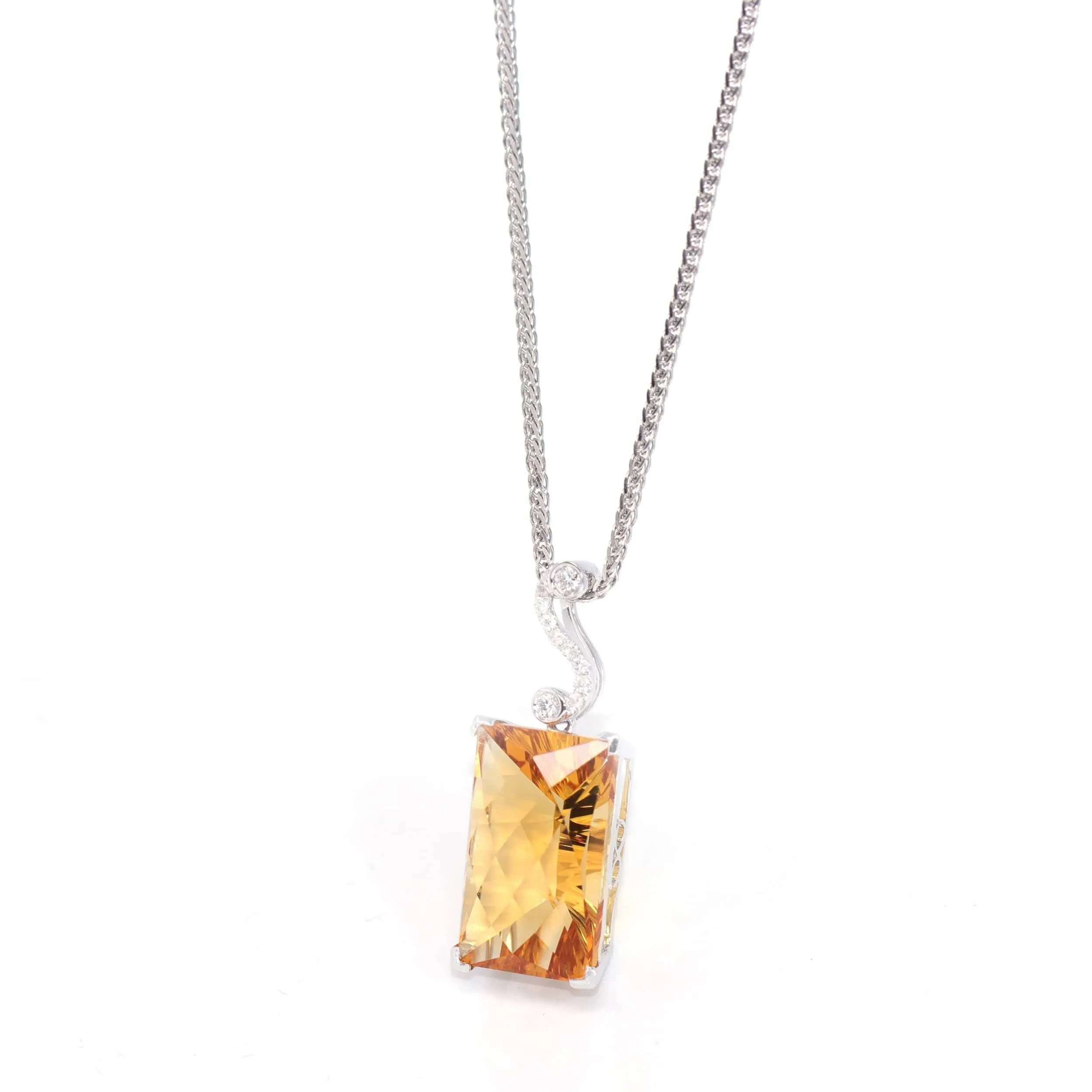 14k White Gold Genuine Citrine & Diamonds Pendant Necklace with Diamond