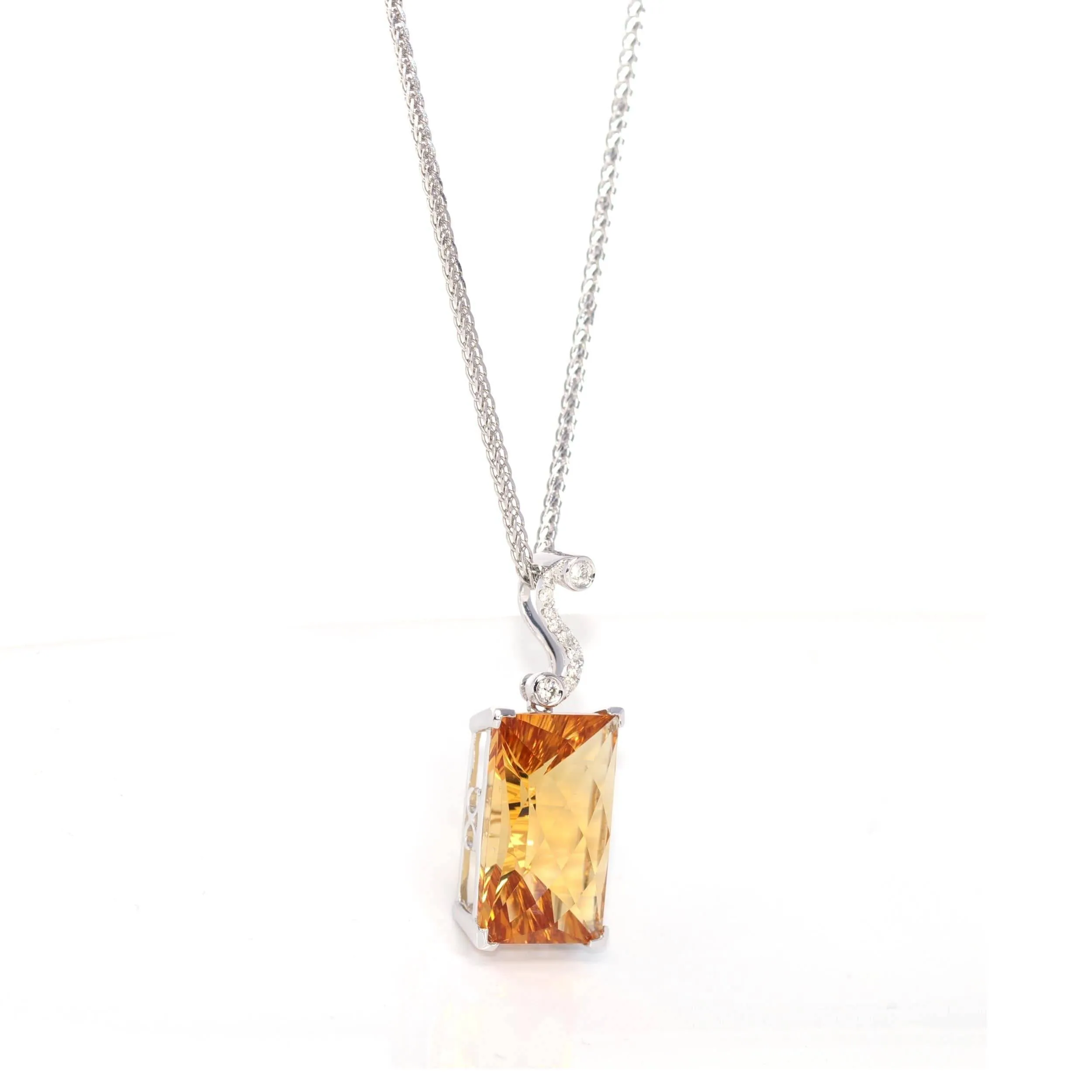 14k White Gold Genuine Citrine & Diamonds Pendant Necklace with Diamond