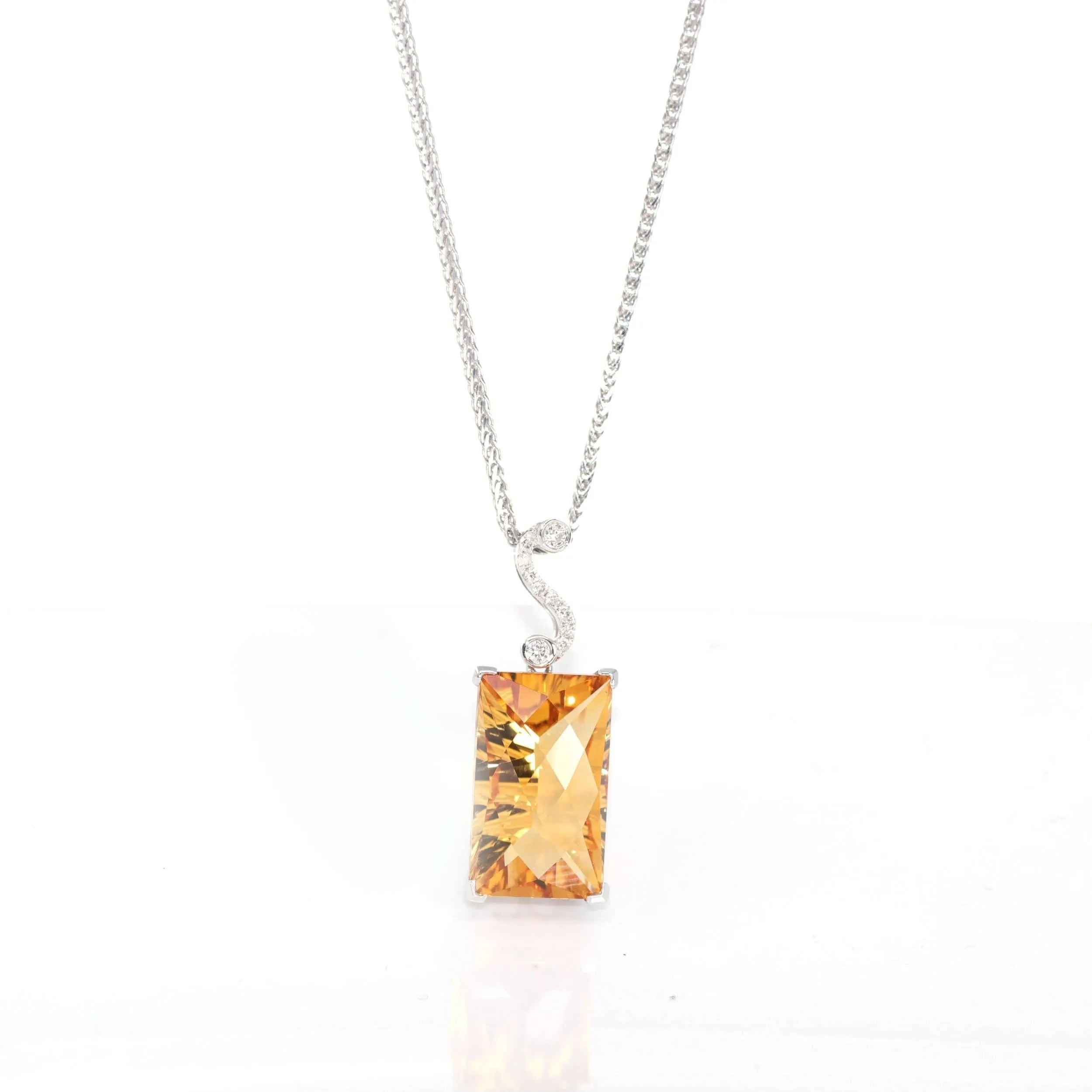 14k White Gold Genuine Citrine & Diamonds Pendant Necklace with Diamond