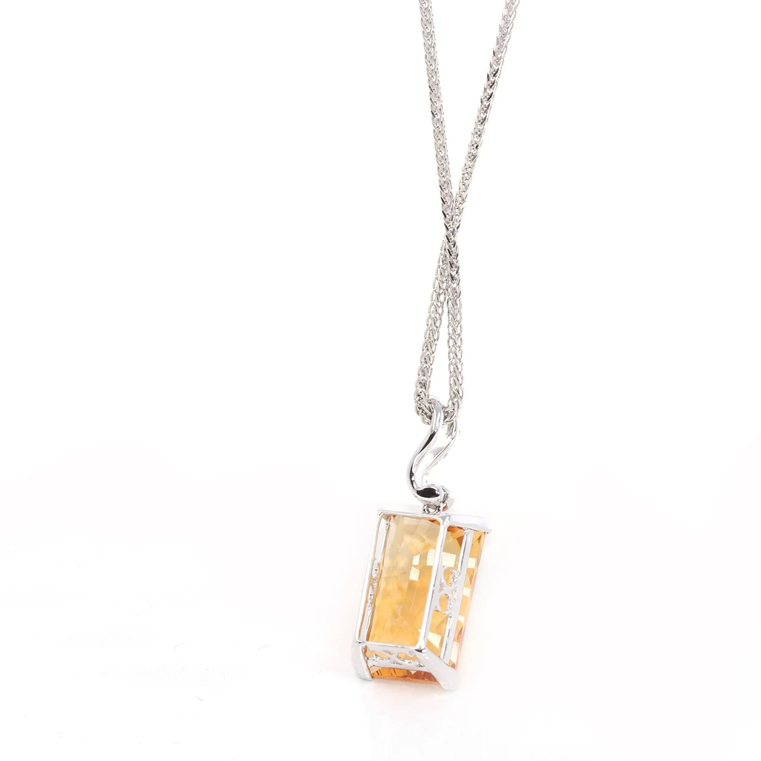 14k White Gold Genuine Citrine & Diamonds Pendant Necklace with Diamond