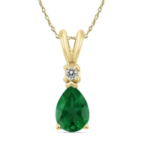 14K Yellow Gold 6x4MM Pear Emerald and Diamond Pendant