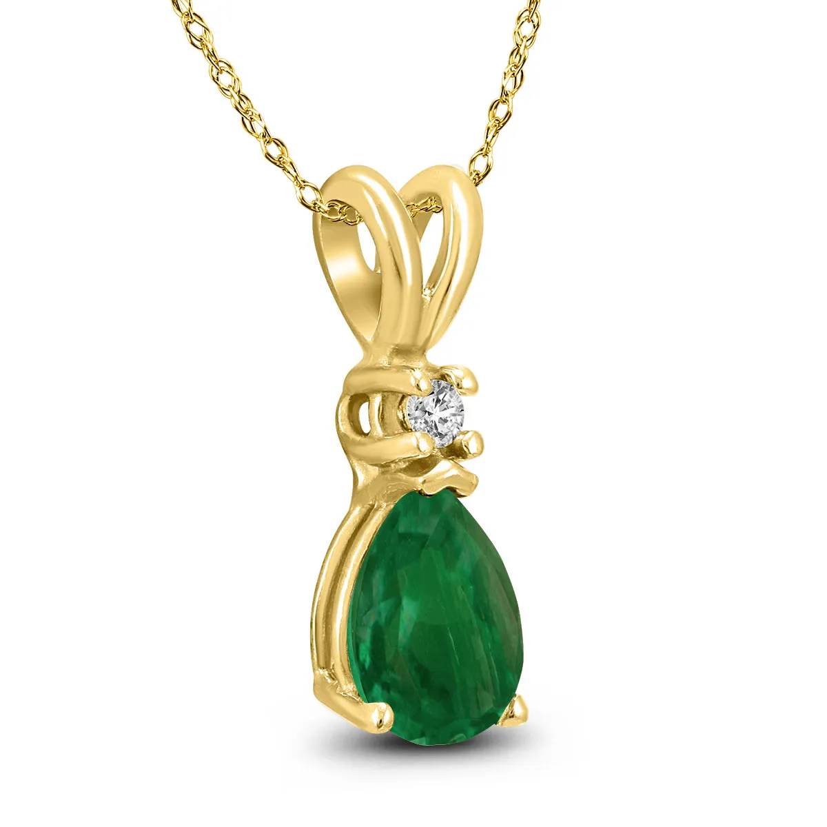 14K Yellow Gold 6x4MM Pear Emerald and Diamond Pendant
