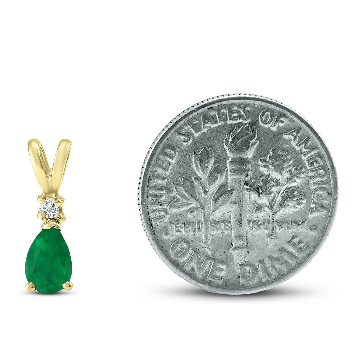 14K Yellow Gold 6x4MM Pear Emerald and Diamond Pendant