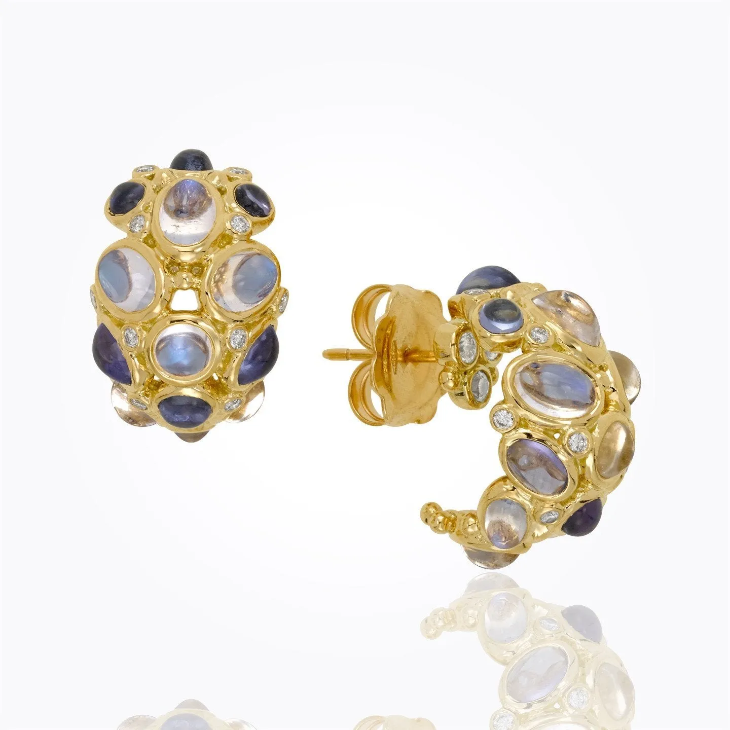 18K Buddah Belly Hoop with royal blue moonstone, tanzanite and diamond