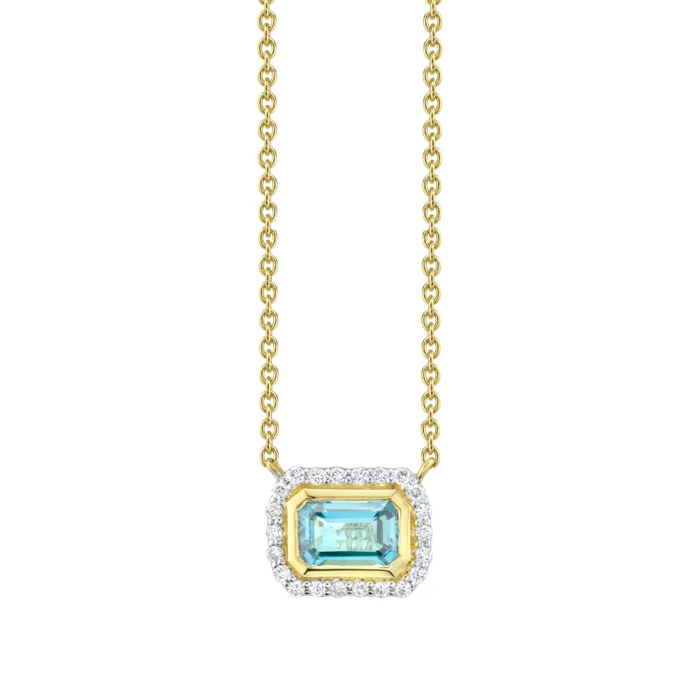 18K Gold Emerald Cut Blue Topaz & Diamond Pendant Necklace