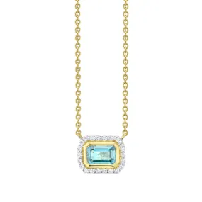 18K Gold Emerald Cut Blue Topaz & Diamond Pendant Necklace