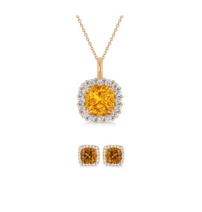 18K Rose Gold 4ct Halo Citrine Square 18 Inch Necklace and Halo Earrings Set Plated