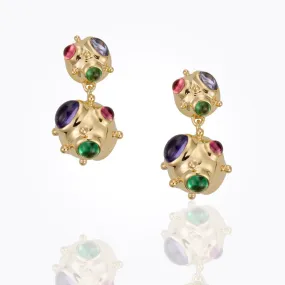 18K Small Cosmos Double Drop Earrings with royal blue moonstone, tsavorite, tanzanite, pink tourmaline and diamond