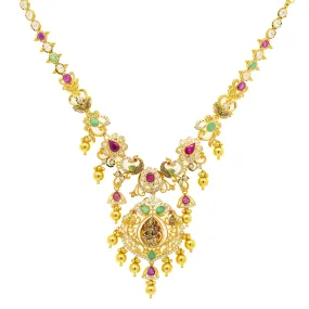 22K Yellow Gold 22 Inch Temple Necklace w/ Emerald, Ruby, CZ & Antique Accents (45.2gm)