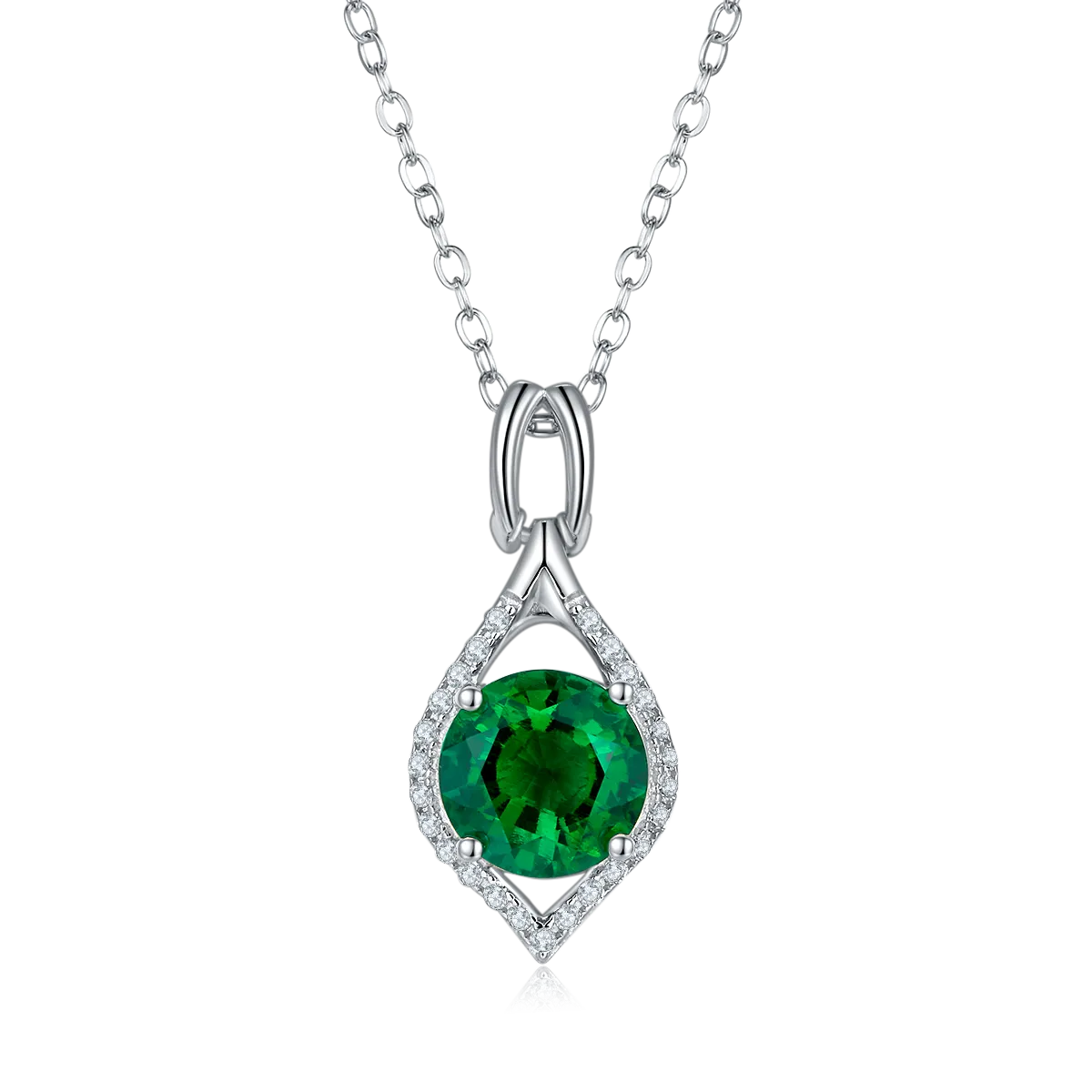 2.3 Carat Round Lab Grown Emerald Water Drop Halo Necklace in S925 Silver with Platinum Finish