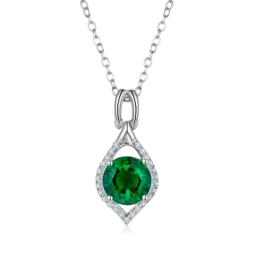 2.3 Carat Round Lab Grown Emerald Water Drop Halo Necklace in S925 Silver with Platinum Finish