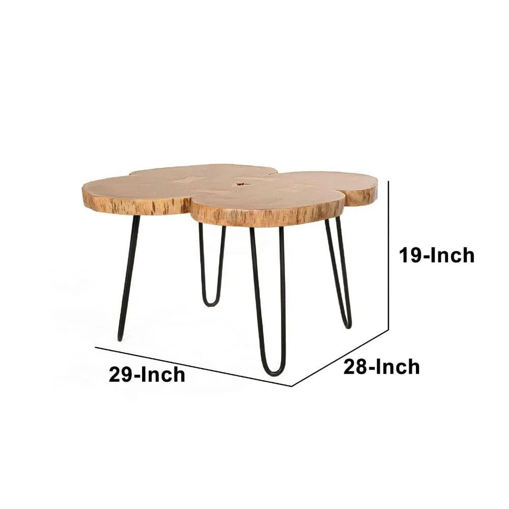 29 Inch Acacia Wood Coffee Table, Live Edge, Quatrefoil Top, Iron Hairpin Legs, Brown and Black By The Urban Port