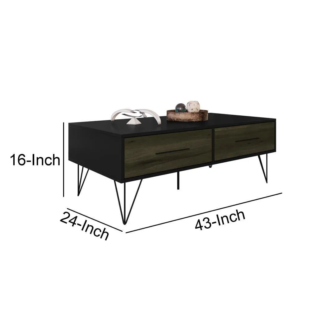 43" Wooden Coffee Table with Hairpin Legs, Black and Brown By The Urban Port