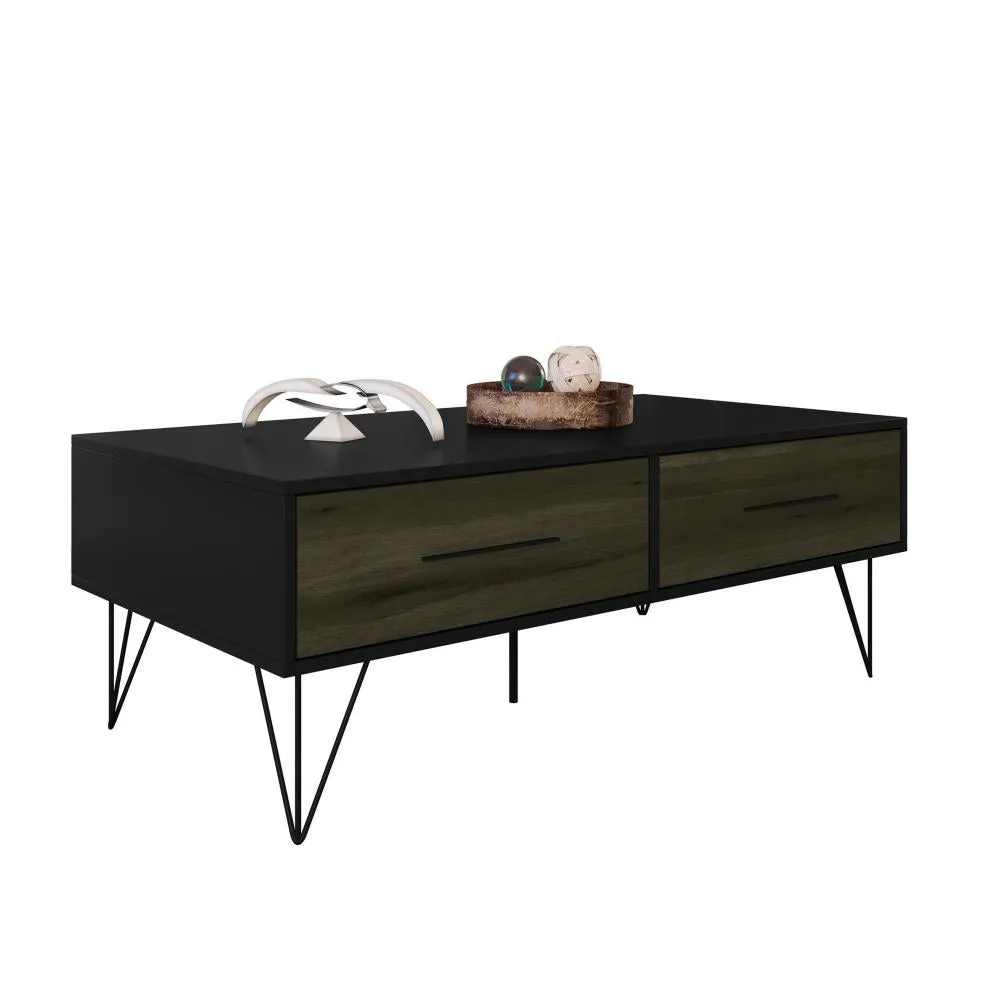 43" Wooden Coffee Table with Hairpin Legs, Black and Brown By The Urban Port