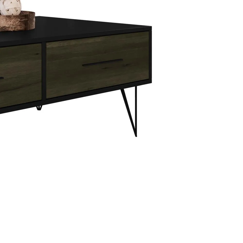 43" Wooden Coffee Table with Hairpin Legs, Black and Brown By The Urban Port