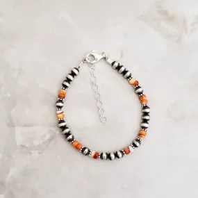 5mm Navajo Pearls & Orange Spiny Oyster Bracelet Sterling Silver