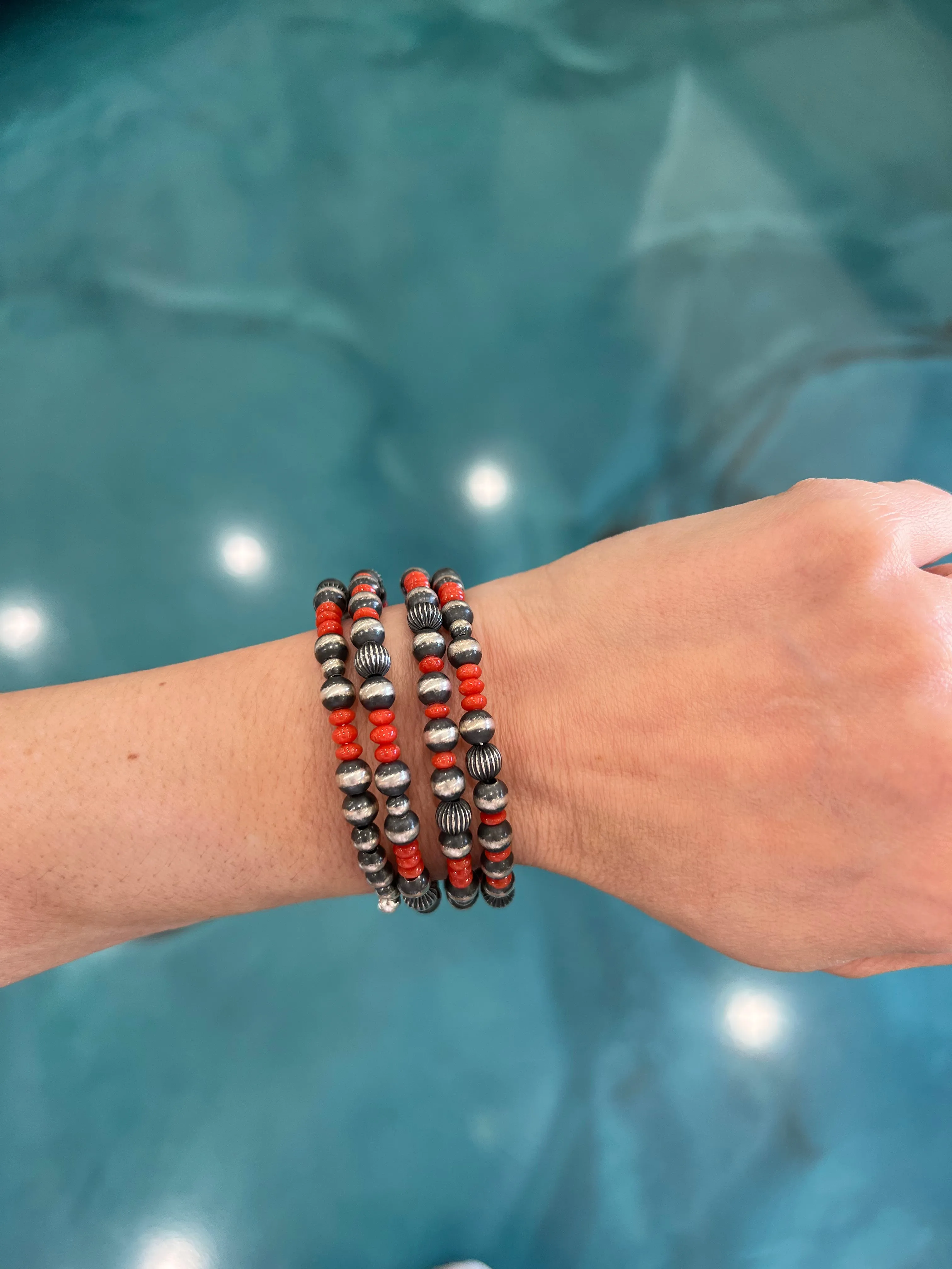 6mm Memory Wire Navajo Pearl Bracelet - Coral