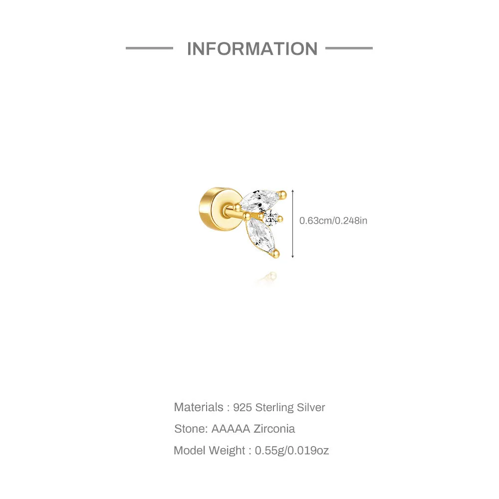 925 Silver Leaf CZ Diamond Flat Back Earrings