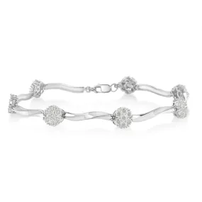 .925 Sterling Silver 1.0 cttw Miracle-Set Diamond 7 Stone Floral Cluster Link Bracelet (I-J Color, I3 Clarity) -7"