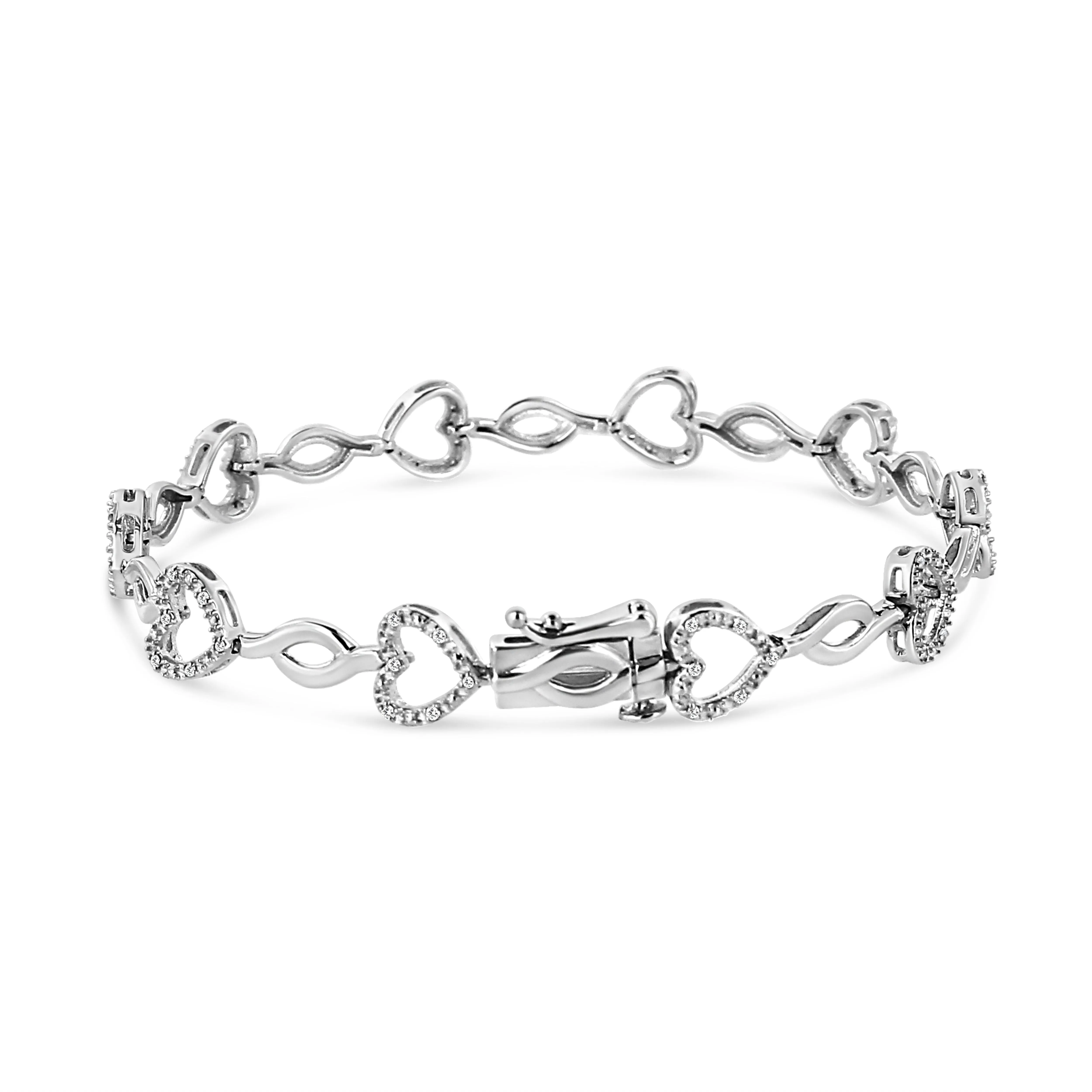 .925 Sterling Silver 1/4 Cttw Round-Cut Diamond Alternating Heart and Leaf Link Bracelet