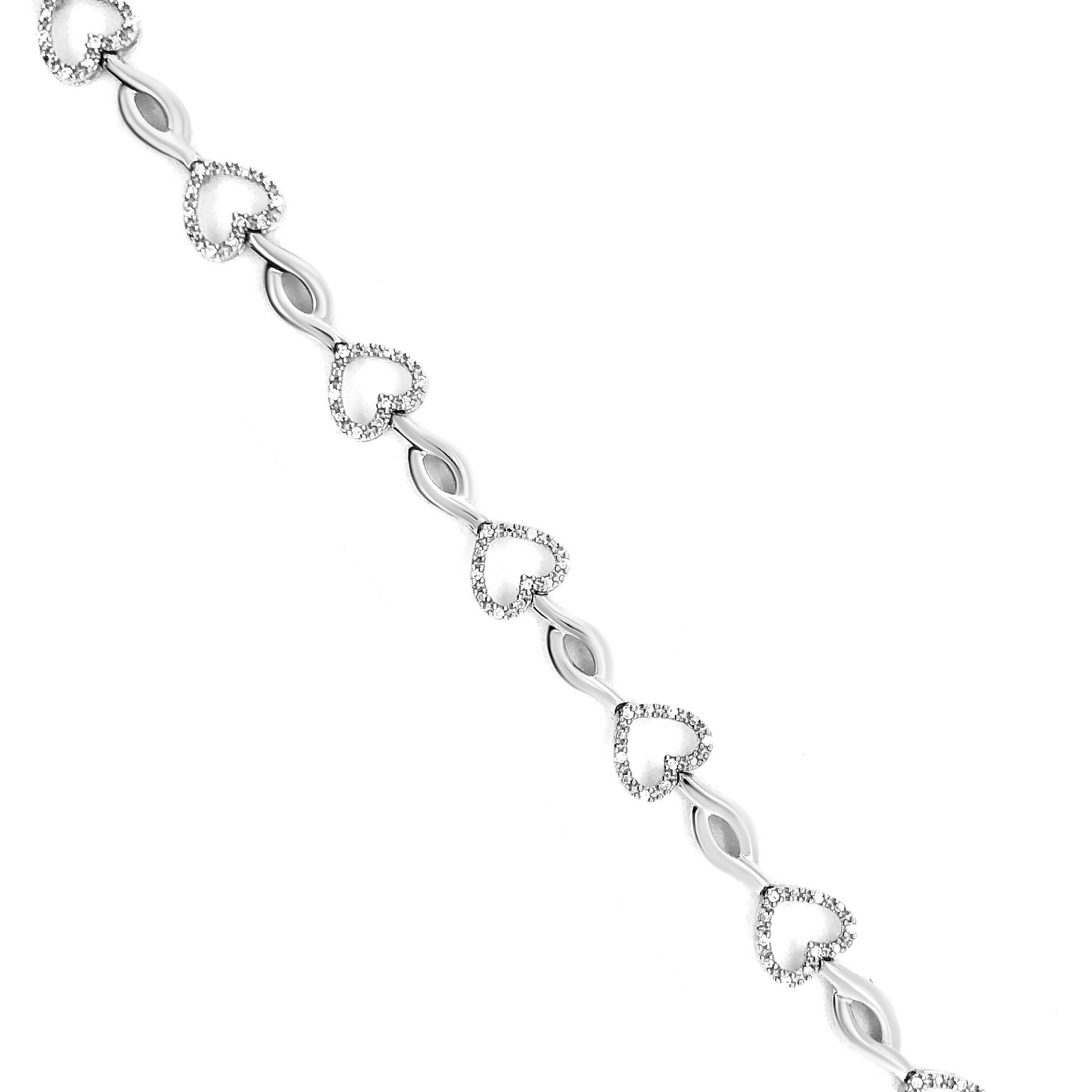 .925 Sterling Silver 1/4 Cttw Round-Cut Diamond Alternating Heart and Leaf Link Bracelet
