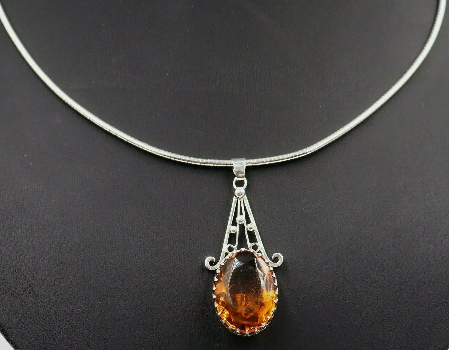 925 Sterling Silver Citrine Glass Pendant & Snake Chain