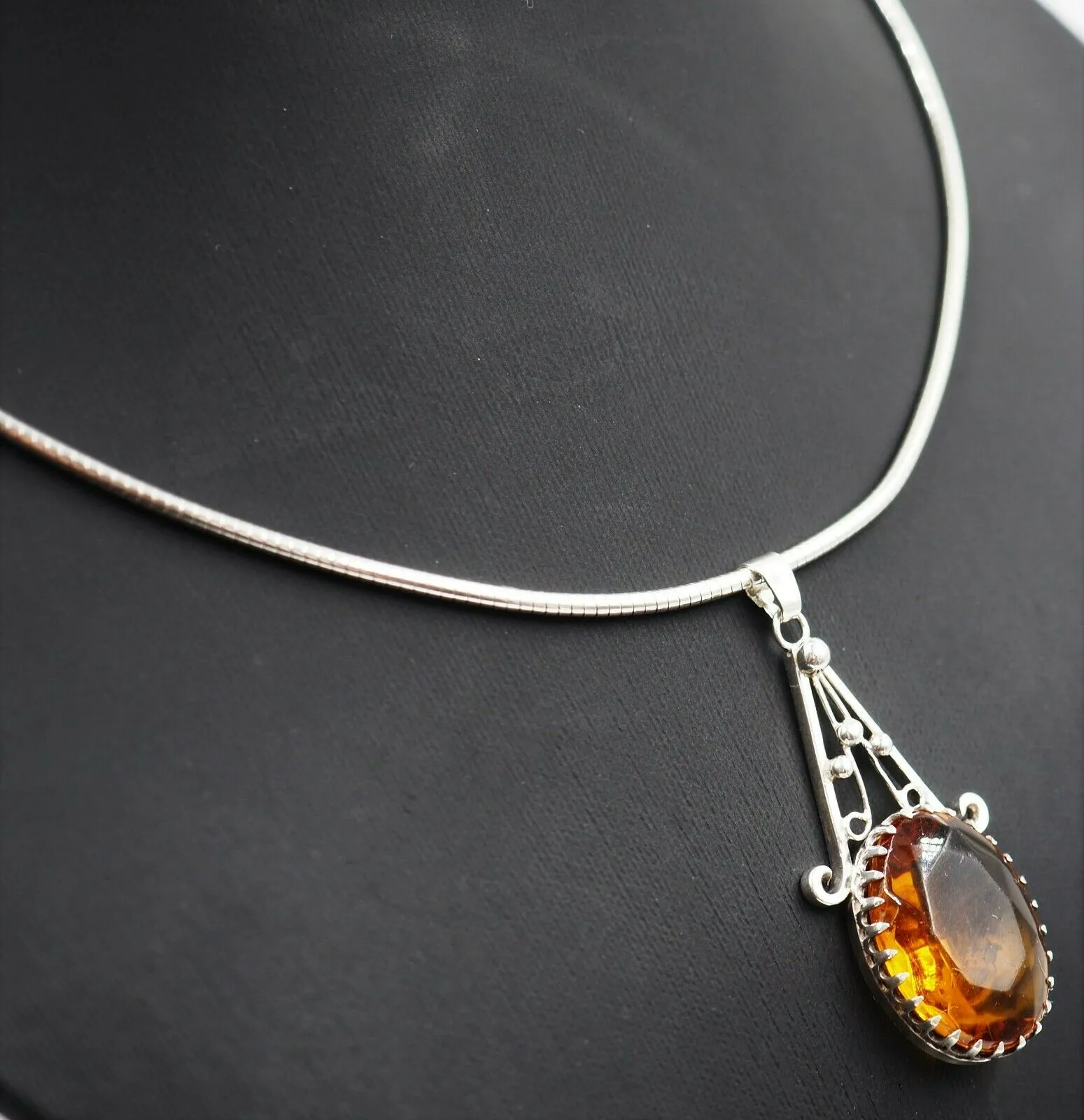 925 Sterling Silver Citrine Glass Pendant & Snake Chain