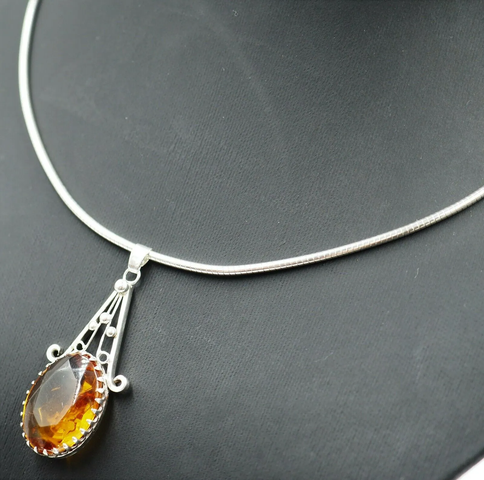 925 Sterling Silver Citrine Glass Pendant & Snake Chain