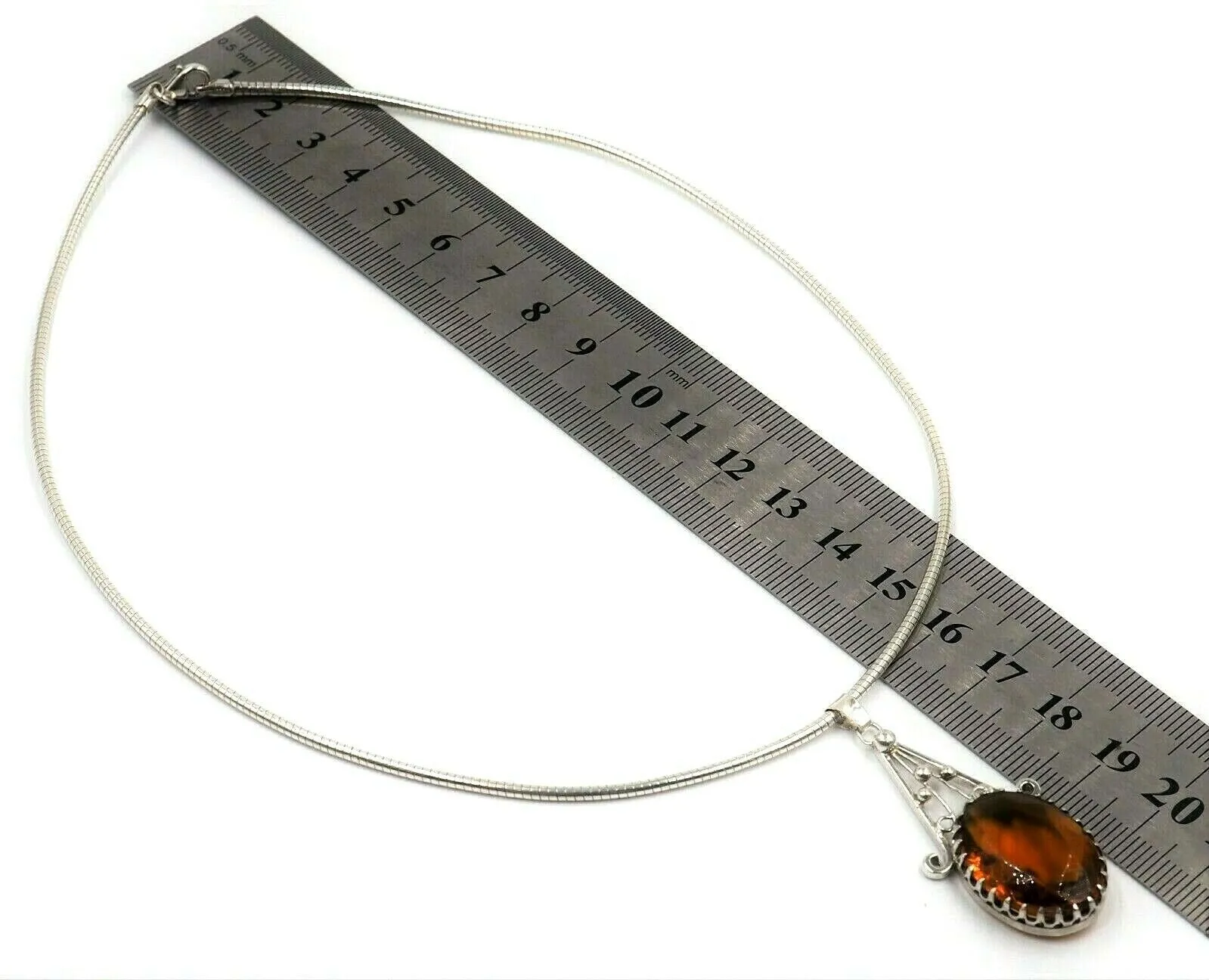 925 Sterling Silver Citrine Glass Pendant & Snake Chain