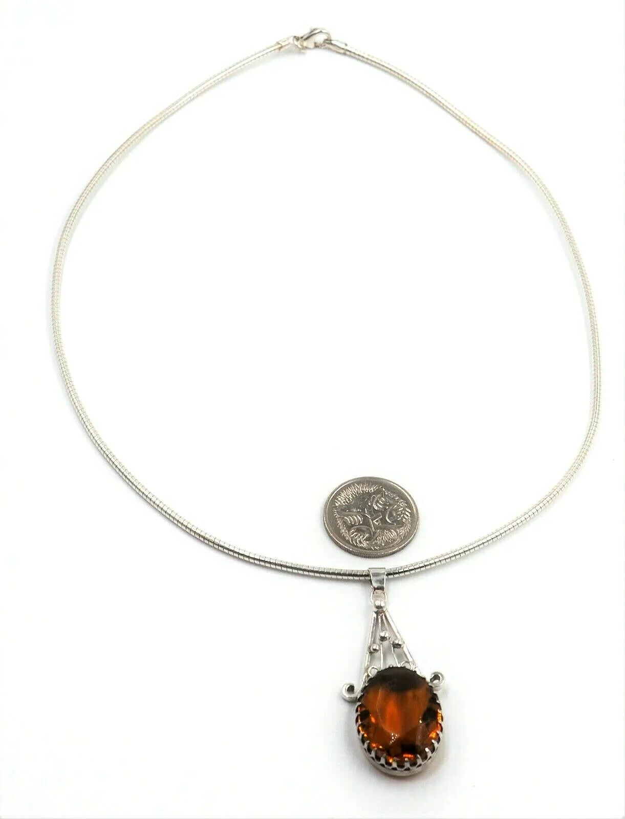 925 Sterling Silver Citrine Glass Pendant & Snake Chain