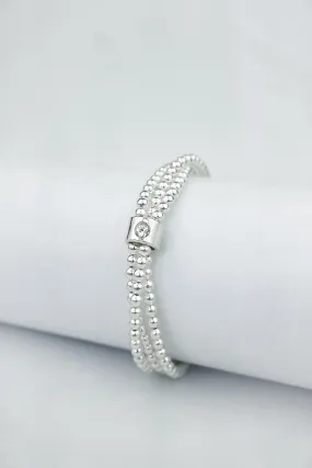925 Sterling Silver Floating White CZ Bracelet, (3 x 3mm Bracelets) held together w/ White CZ Floating Bead, Silver Stretch Bracelet