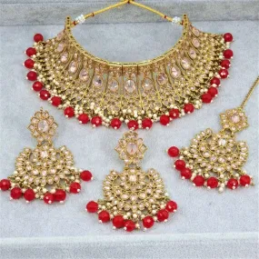 Abha- Antique gold choker necklace - red