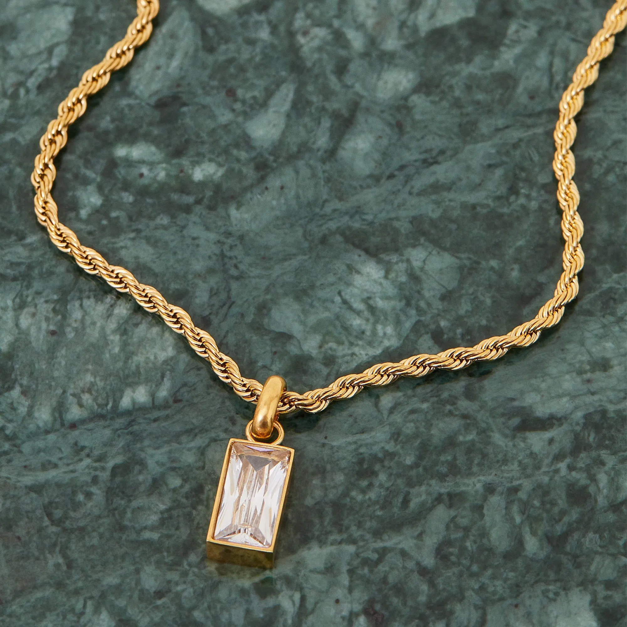 Accessorize London Women's Water Proof Gold Stainless Steel Twisted Chain Emerald Cut Pendant Necklace