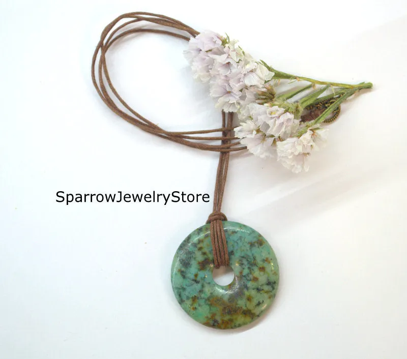 African turquoise donut pendant necklace Emerald green pendant necklace Handmade jewelry for her Christmas present for mom Healing stone