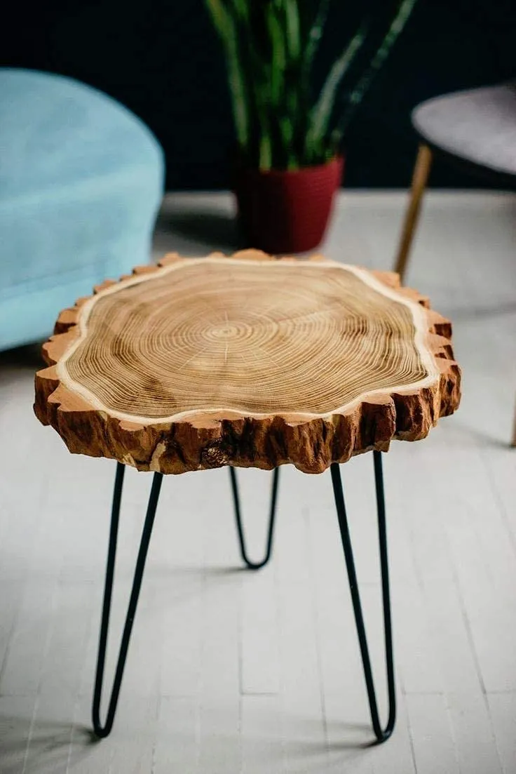 Amazeo Natural sheesham Wood Round Coffee table end table tree slice bedside table with hairpin legs coffee table and office color natural Big Size top 16''-17'' x 1.5'' thickness total height 19.5''