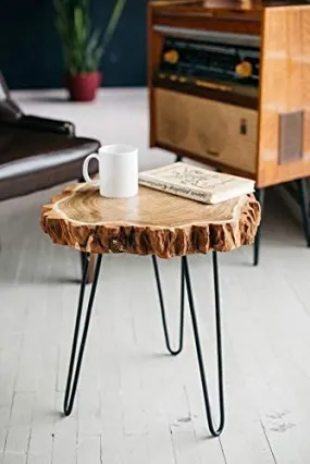 Amazeo Natural sheesham Wood Round Coffee table end table tree slice bedside table with hairpin legs coffee table and office color natural Big Size top 16''-17'' x 1.5'' thickness total height 19.5''
