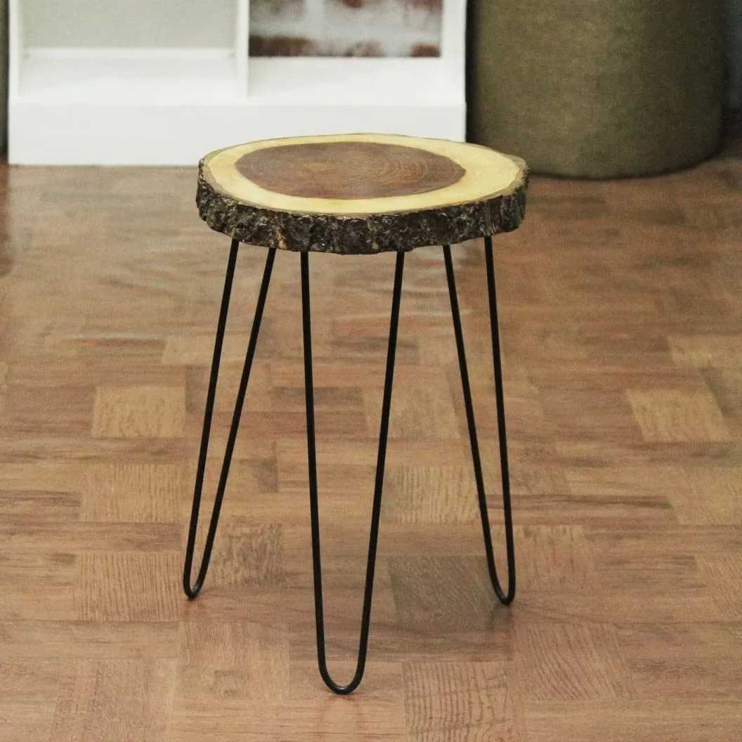Amazeo Natural sheesham Wood Round Coffee table end table tree slice bedside table with hairpin legs coffee table and office color natural Big Size top 16''-17'' x 1.5'' thickness total height 19.5''