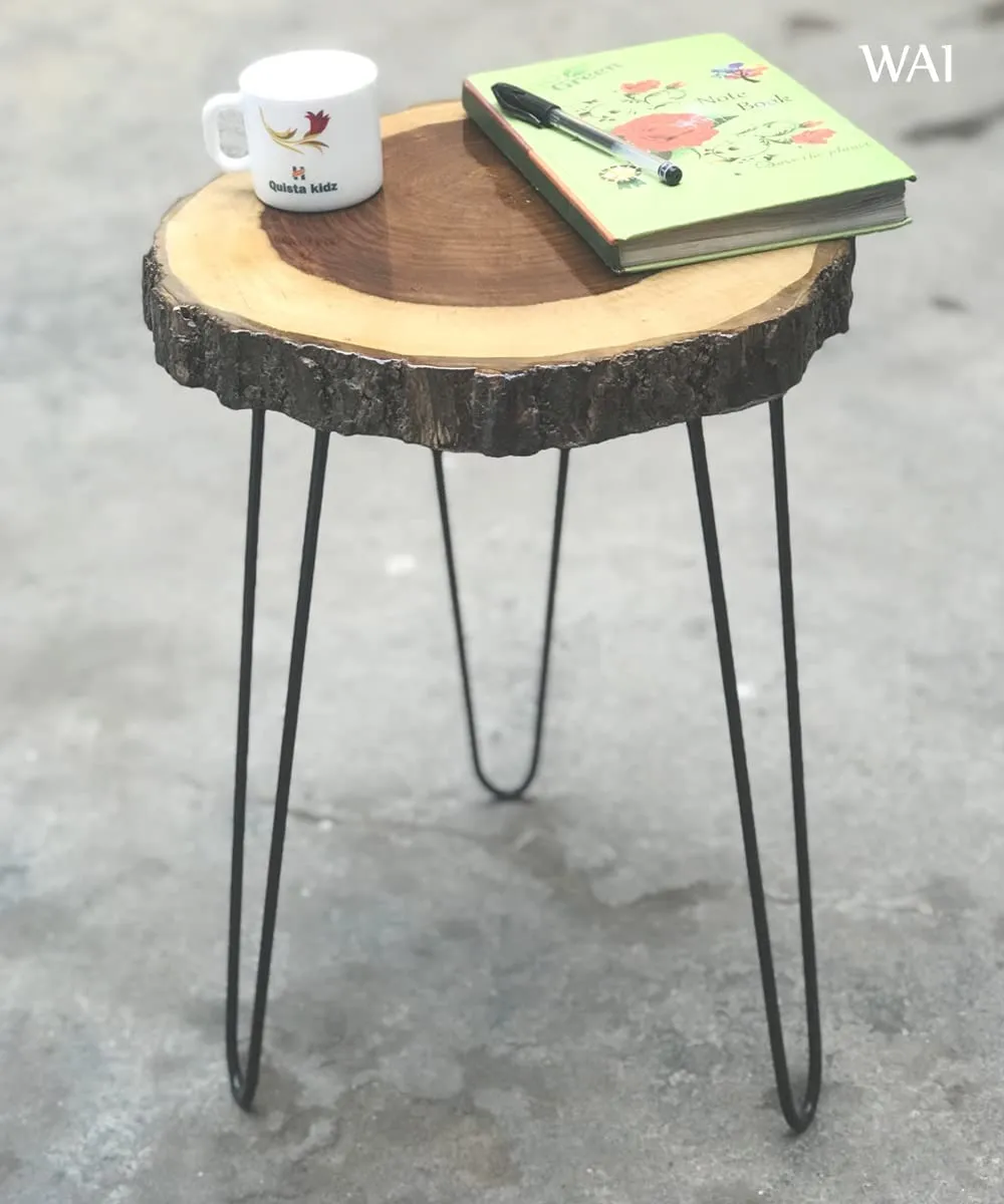 Amazeo Natural sheesham Wood Round Coffee table end table tree slice bedside table with hairpin legs coffee table and office color natural Big Size top 16''-17'' x 1.5'' thickness total height 19.5''