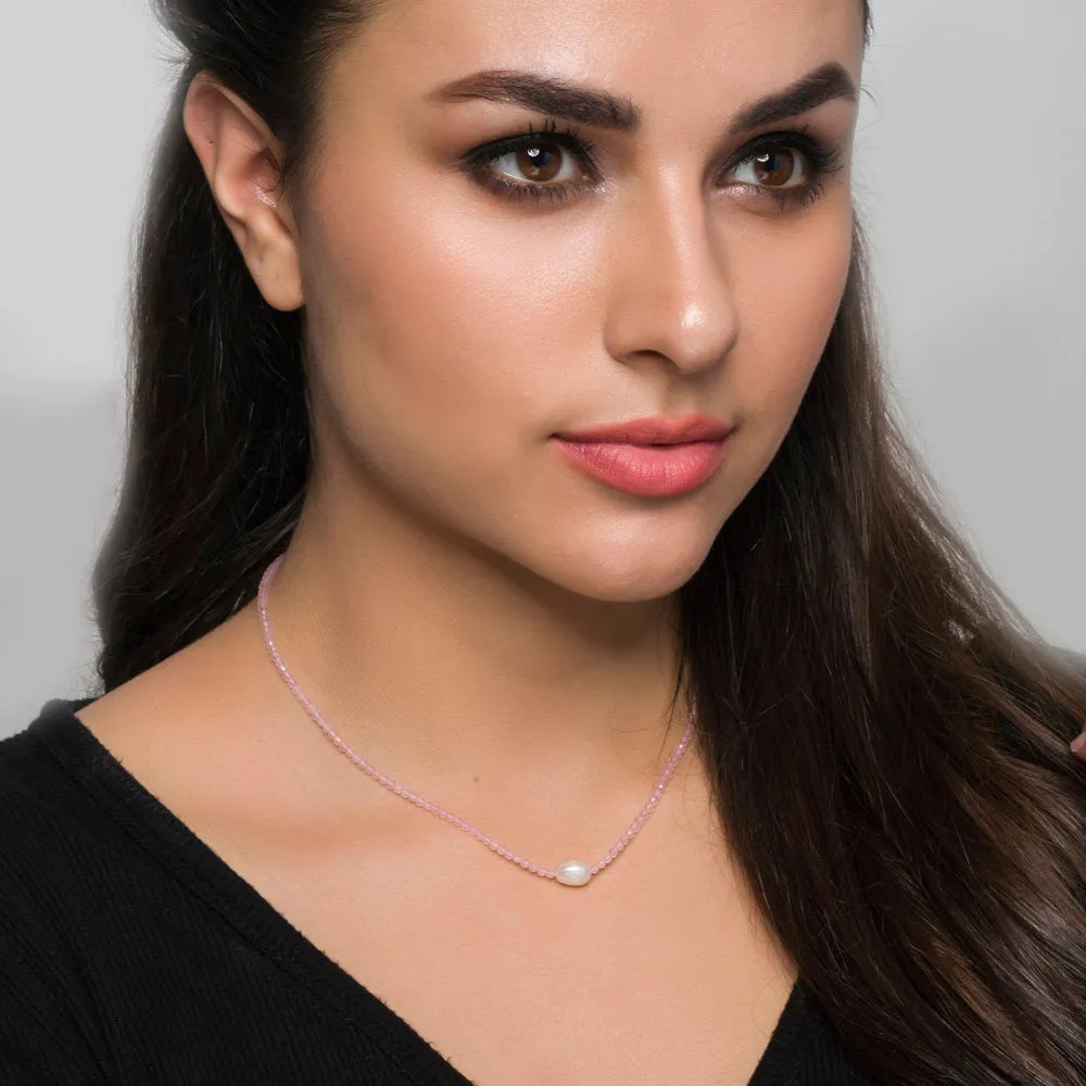 Amina,Rose Quartz and Pearl Choker