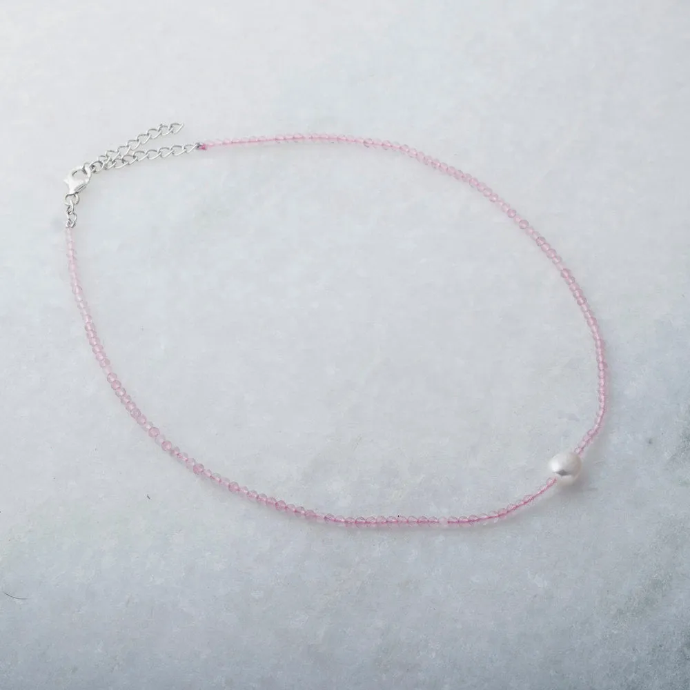 Amina,Rose Quartz and Pearl Choker