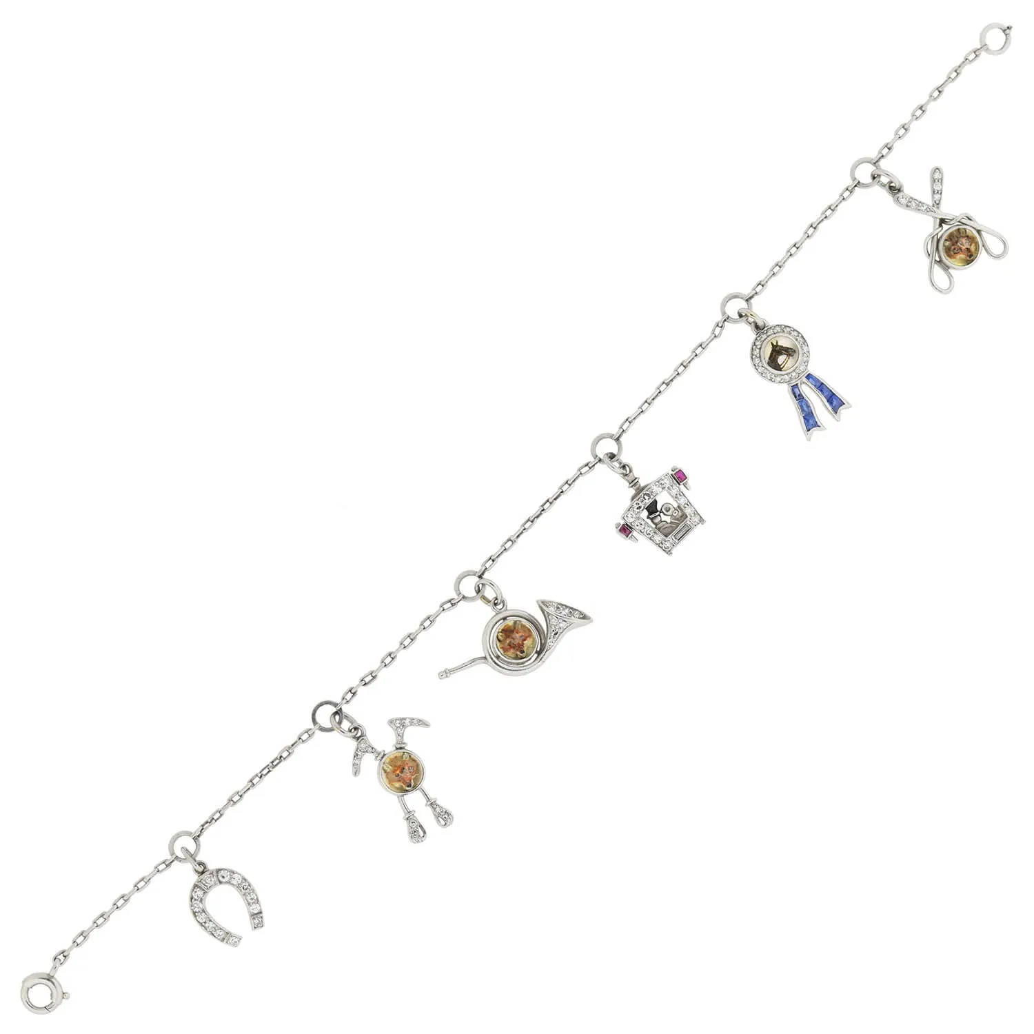 Art Deco Platinum Gemstone   Reverse Carved Crystal Equestrian Charm Bracelet